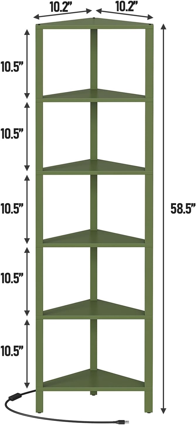 TUTOTAK Corner Shelf with LED Light, 6-Tier Corner Bookshelf | for Small Space, Narrow Display Corner Shelf Stand with Storage Rack, for Living Room, Bedroom, Olive Green BS05BOG006L