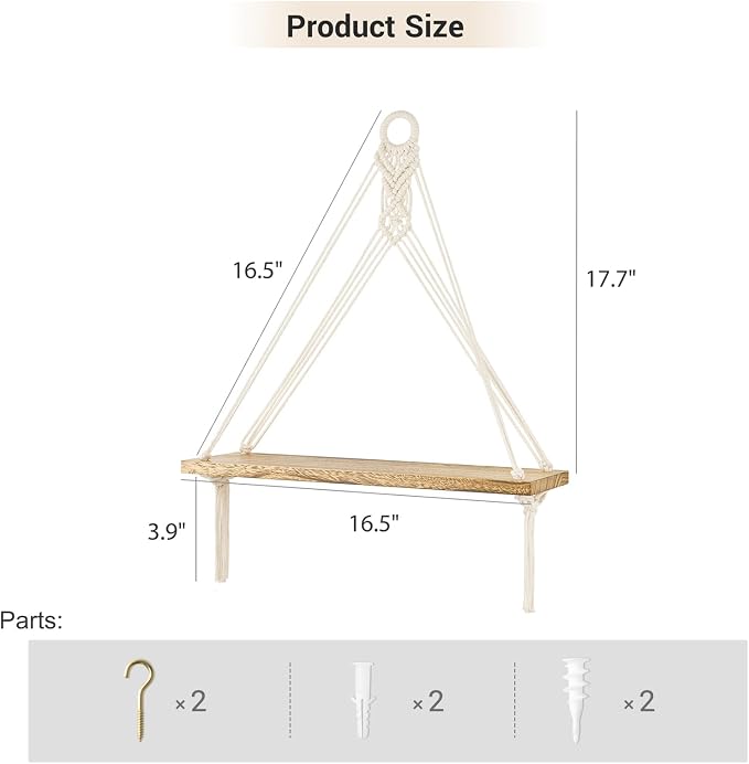 Mkono Macrame Hanging Shelves Boho Wall Decor Set of 2 Floating Wood Shelf | Cute Room Decor for Teen Girls Display Storage Shelves for Hanging Plant Photos Fit Bedroom Bathroom Living Room Nursery Dorm