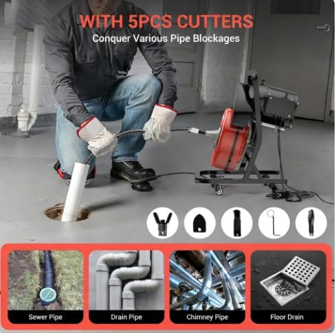 50FTx1/2 Inch Drain Cleaner Machine with Wheels, Sewer Snake Electric Drain | Plumbing Snake Auger Cleaner for 2" to 4" Pipes with 6 Cutter & Foot Switch for Sewer, Sink, Toilet, Bathroom