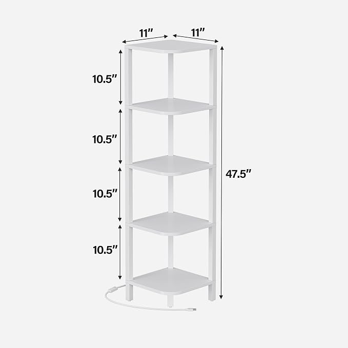 TUTOTAK Corner Shelf with LED Light, 5-Tier Corner Bookshelf | for Small Space, Narrow Display Corner Shelf Stand with Storage Rack, for Living Room, Bedroom, White BS08BW005L