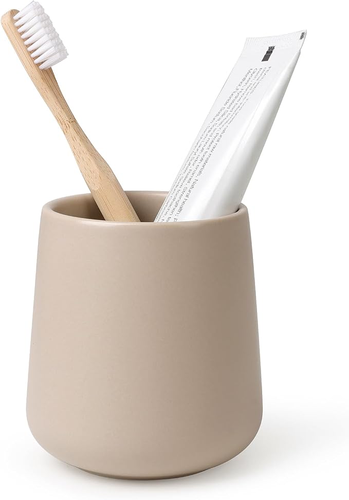 BosilunLife Bathroom Toothbrush Holder - Ceramic Toothbrush Cup Holder 13Oz Khaki Toothbrush Holder for Bathroom Toothbrush and Toothpaste Holder for Bathroom Vanity Countertop, Ideal for Home, Hotel