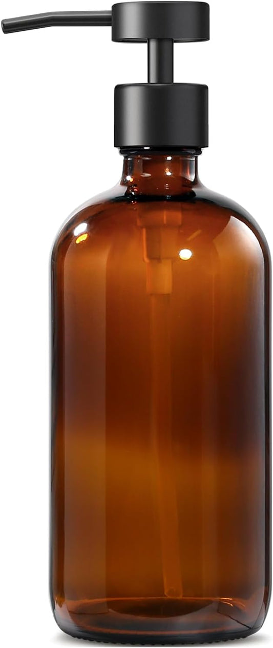 GMISUN Amber Glass Soap Dispenser, 1 Pack Dish Soap Dispensers for Kitchen with Rustproof Stainless Steel Pump, 17 Fl Oz Bathroom Hand Soap Dispenser, Brown Liquid Dishwashing Dispensers Bottle