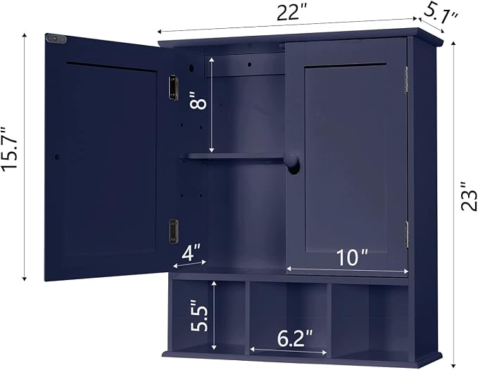 TaoHFE Blue Bathroom Over The Toilet Storage Cabinet | Wall Medicine Cabinet Organizer With 2 Door Adjustable Shelves,Wooden Modern Bathroom Shelves Wall Mounted Laundry Room
