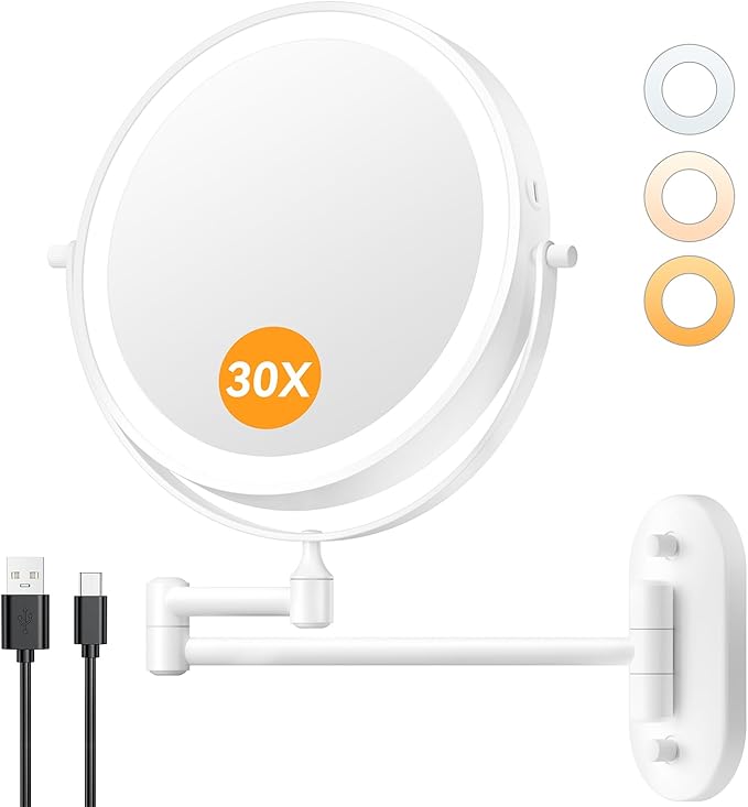 Auxmir 1X/30X Wall Mounted Makeup Mirror, 8" Rechargeable Magnifying Mirror | double-sided button, 3200mAh, 3 dimmable colors, 360° rotation, extended arm, 30X magnification, bathroom, white