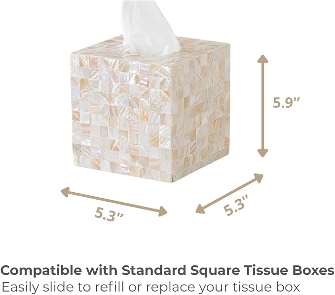 5.9” Mother of Pearl Tissue Box Cover for Kleenex and More – Handcrafted Square Tissue Holder with Sliding Bottom – Decorative Napkin Dispenser for Bathroom, Bedroom, Kitchen, Office