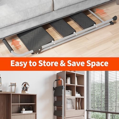3-Step Folding Ladder, Non-Slip Wide Pedal Step Stool with Soft Handle and Stable Feet, Heavy-Duty Steel Structure, 900lbs Capacity, Foldable Design for Home and Office, Grey