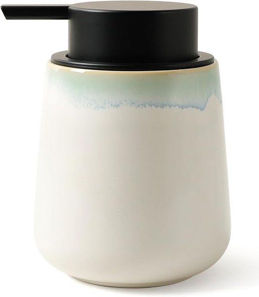 BosilunLife Ceramic Soap Dispenser - Dish Soap Dispenser for Bathroom 12Oz | Refillable Liquid Hand Wash Dispenser for Essential Oil, Lotion Soap, White with Blue-Green Rim