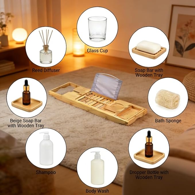 70-105CM Extendable Bamboo Bathtub Tray Caddy with Cup Holder for Spa | Non-Slip Pads, Book Stand, Wine Glass Holder, Fits Most Bath Tubs