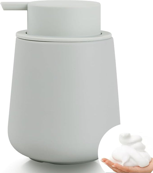 Bosilunlife 12Oz Ceramic Foam Soap Dispenser for Bathroom Kitchen Counter | Premium countertop foam pump creates delicate dense foam, stable desktop placement, Rubber Paint Light Grey