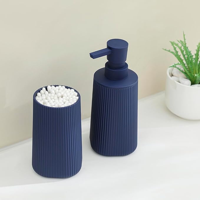 YAUKPH Bathroom Soap Dispenser and Toothbrush Holder Striped Blue | Bathroom Accessories Set 2 Piece for Bathroom Countertop Storage and Decor