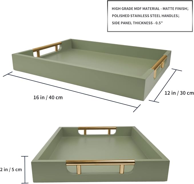 Wooden Decorative Coffee Table Tray, 16" Serving With Handles, Matte Finish, Ottoman for Living Room, Perfume, Vanity Dresser Organizer (Olive Green)
