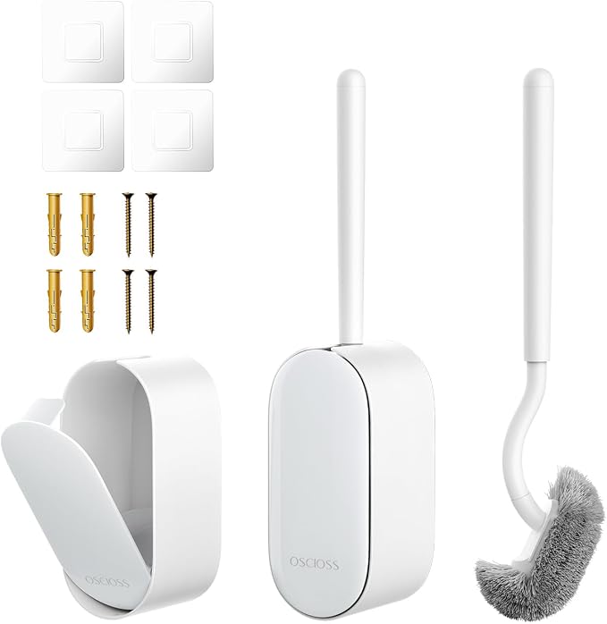 Bathroom Toilet Brush, OSCIOSS Toilet Bowl Brush with Ergonomic Design, Compact Size, Durable Bristles, Wall Mounted RV Toilet Brush for Bathroom Cleaning (White, 2pack)