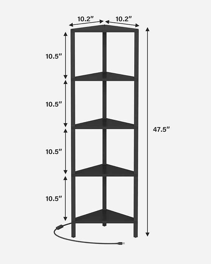 TUTOTAK Corner Shelf with LED Light, 5-Tier Corner Bookshelf | for Small Space, Narrow Display Corner Shelf Stand with Storage Rack, for Living Room, Bedroom, Black BS05BK005L