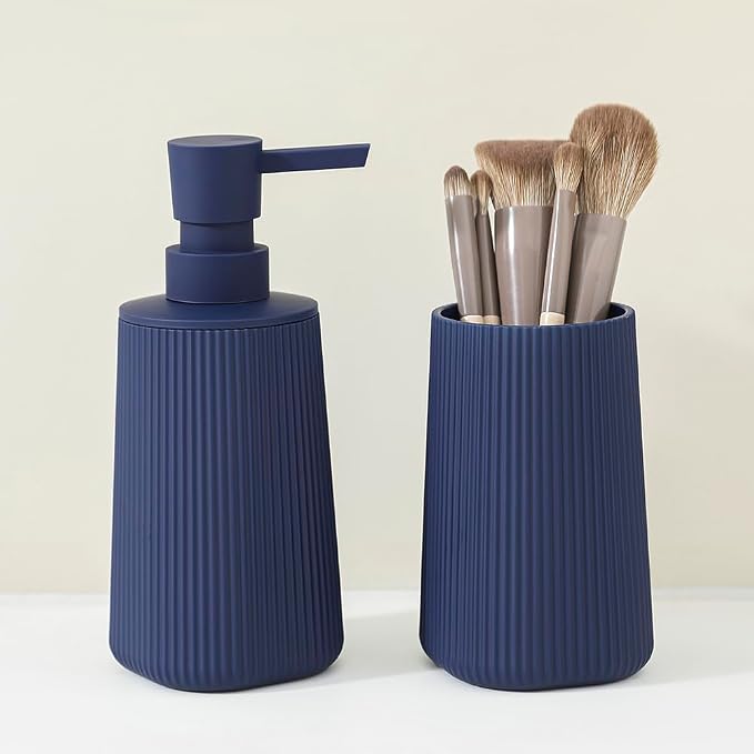 YAUKPH Bathroom Soap Dispenser and Toothbrush Holder Striped Blue | Bathroom Accessories Set 2 Piece for Bathroom Countertop Storage and Decor