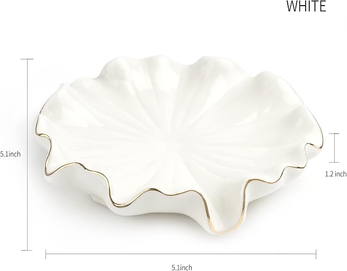 Ceramic Self Draining Soap Dish White Lotus Leaf Soap Holder Waterfall Soap Dish Soap Savers for Bar Soap, for Bathroom, for Shower, for Bar Counter