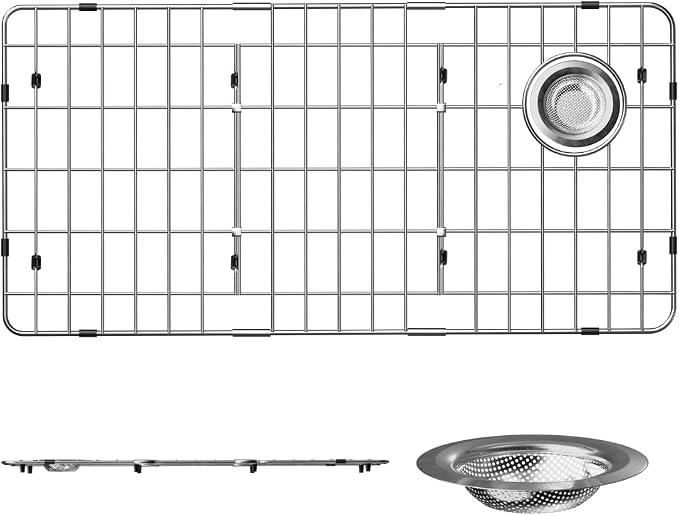 SANNO Sink Protectors and Bottom Grid for Kitchen,Sink Grate Rack Side Drain Hole,Stainless Steel, 28-1/4"L x 14-1/4"W