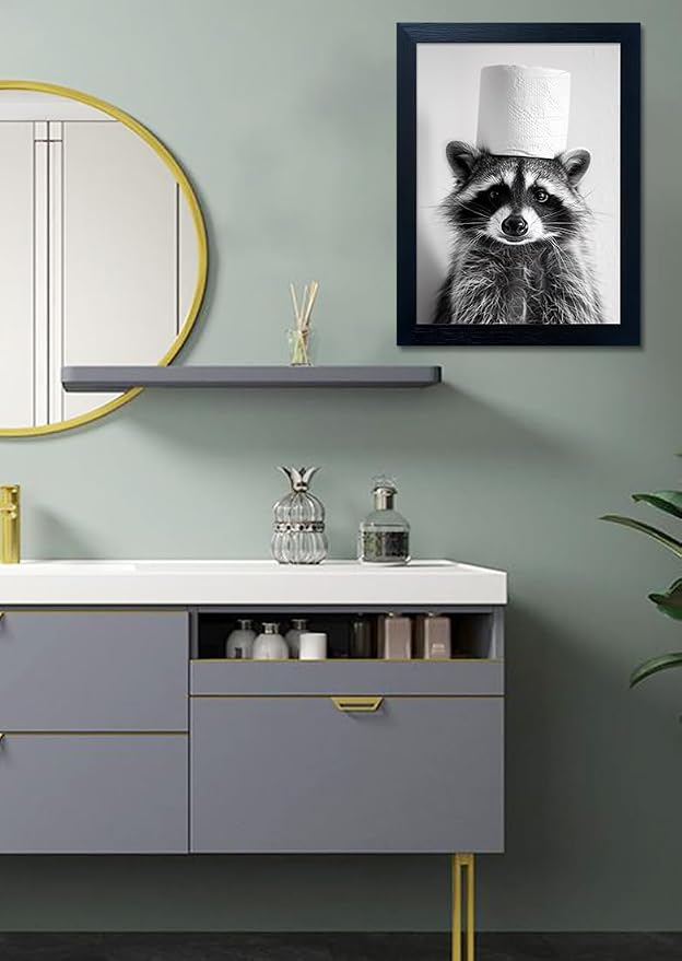 Funny Raccoon Wall Decor Bathroom Animal Wall Art Raccoon With a Toilet Paper Roll on the Head Toilet Humor Decor Framed Black and White Cute Farmhouse Picture