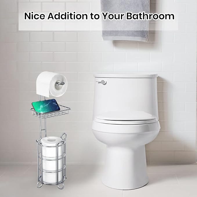 Chrome Toilet Paper Holder Stand Tissue Holder for Bathroom with Shelf Storage Holds 4 Mega Rolls Phone and Wipes