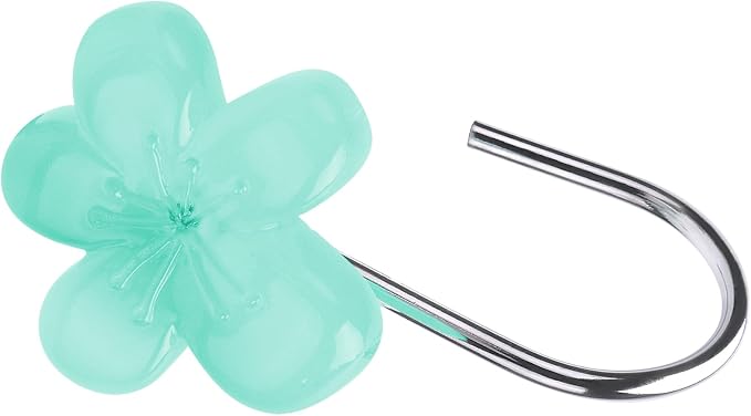 Cute Flower Shower Curtain Hooks, Glow in The Dark, Pretty Floral Themed Elegant Bathroom Decor, Teal