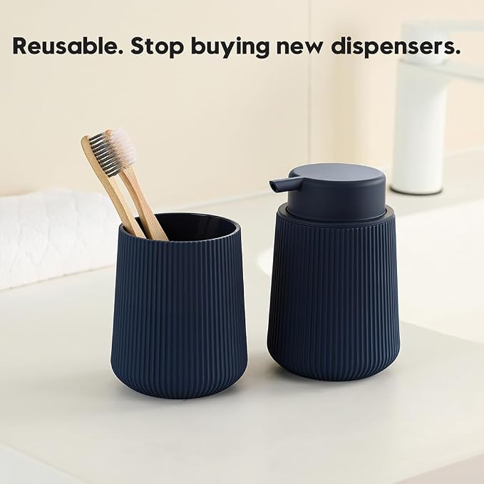 YAUKPH Striped Foaming Hand Soap Dispenser Navy Blue | with Leak-Proof Pump for Bathroom and Kitchen Countertop 11oz