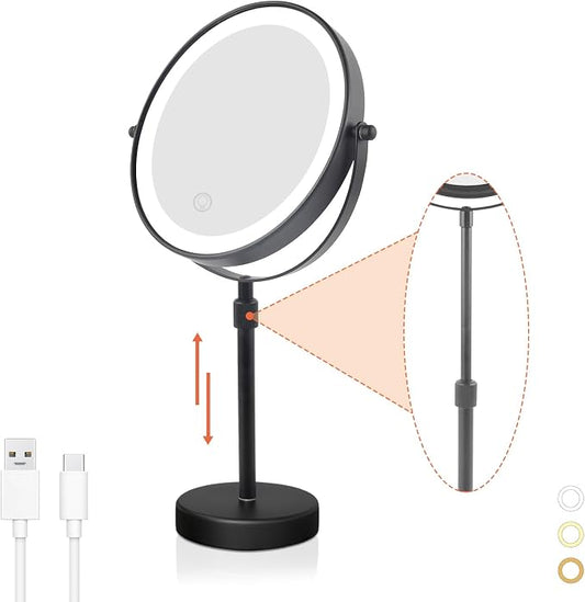 Nicesail LED Lighted Makeup Mirror Tabletop, Black 8 Inch 10X Height Adjust | 10X Magnifying Mirror with 3 Color Lights, Brightness Height Adjustable, 15''~19'' Double Sided Touch Switch Desk Mirror
