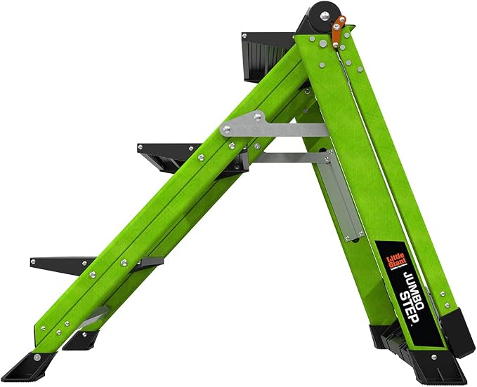 Little Giant Jumbo Step 3-Step Foldable 3 ft Fiberglass Stool, 11933 | Foldable Non-Conductive Fiberglass Step Stool, Extra-Wide Stair-Like Treads, Rotating Handrail, 375 lbs. Weight Capacity