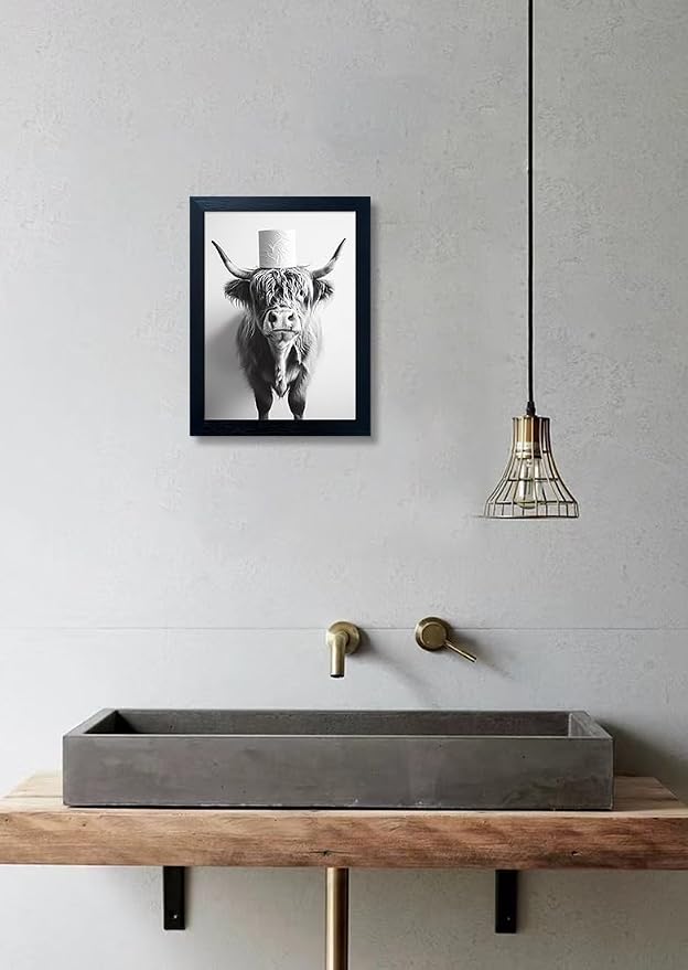 Framed Black and White Bathroom Wall Decor Highland Cow with Toilet Paper on Head Canvas Wall Art Toilet Decor Cow Pictures Wall Decor Animal Bathroom Sign Artworks for Home