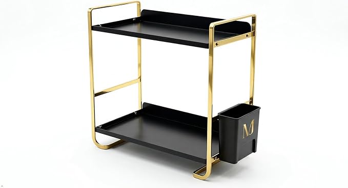 2 Tier Bathroom Countertop Organizer, Black and Gold | Side Caddy, Metal Construction, Slim Counter Storage Rack, For Vanity