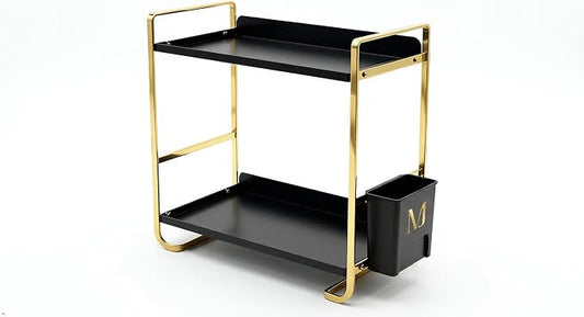 2 Tier Bathroom Countertop Organizer, Black and Gold | Side Caddy, Metal Construction, Slim Counter Storage Rack, For Vanity