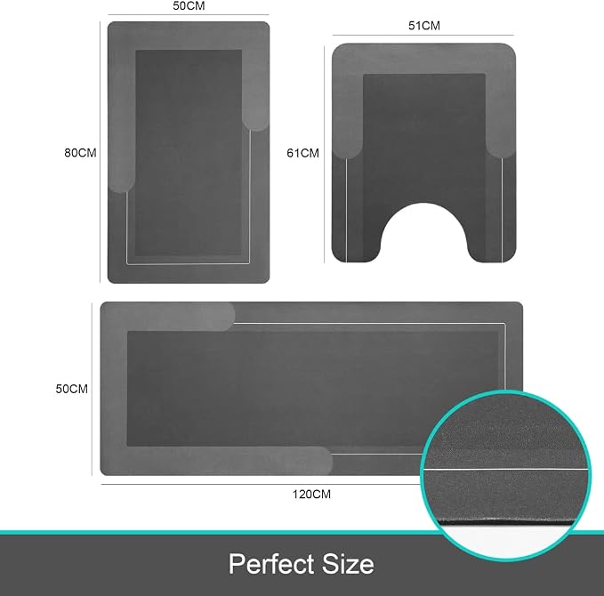 HelloTree 3PCS Bath Mat Rug Rubber Non Slip Quick Dry Rug Sets | Super Absorbent Thin Bathroom Rugs Fit Under Door Dark Grey Washable Floor Mats for in Front of Bathtub, Shower Room, Sink