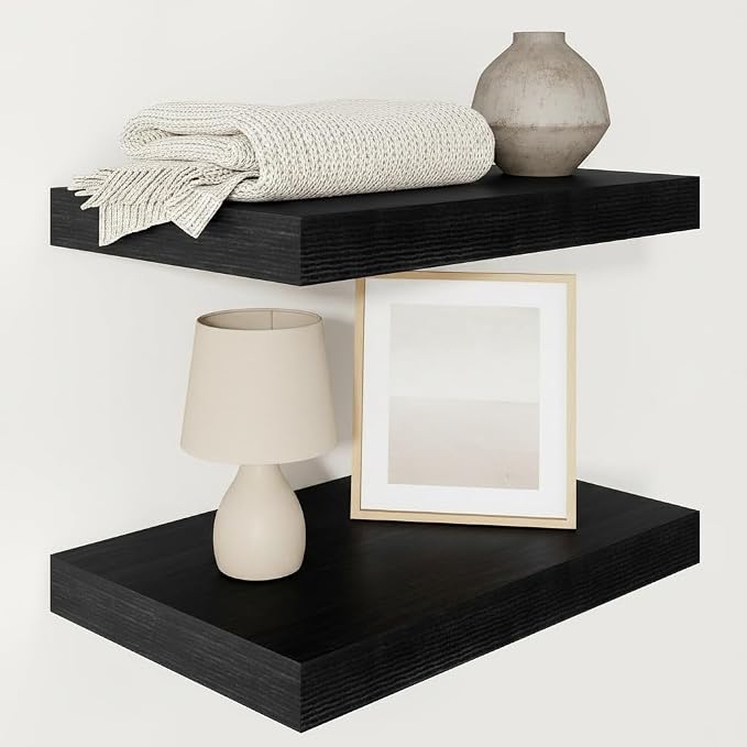 Vivelove Deep Floating Shelves for Wall 16x12” Set of 2, Black | Easy Install With Hardware, 2" Thick, Invisible Brackets, Wall Mounted, No Sagging, For Any Room