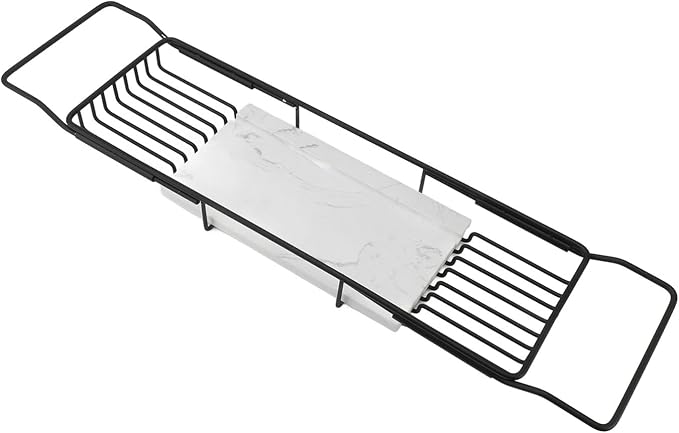 Marhynchus Metal Marble Bathtub Rack, Bathtub Caddy Tray Stainless Steel Shower Caddy Tray with Extending Sides, Bathroom Trays (Black White)
