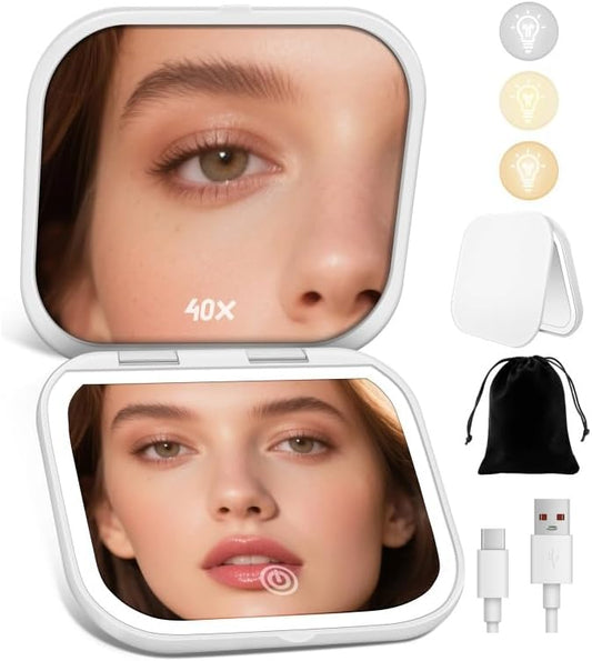 Magnifying Mirror with Light, Rechargeable 40X Compact Mirror with 3 Lighting Modes & Dimmable Brightness, Portable Travel Makeup Mirror with Light, Essentials for Travel, Pocket Purse White