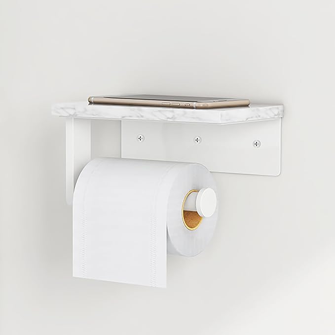 Gypie Toilet Paper Holder with Marble Shelf, Wall Mounted White | Stainless Steel, Tissue Roll Paper Holder Dispenser for Bathroom Washroom