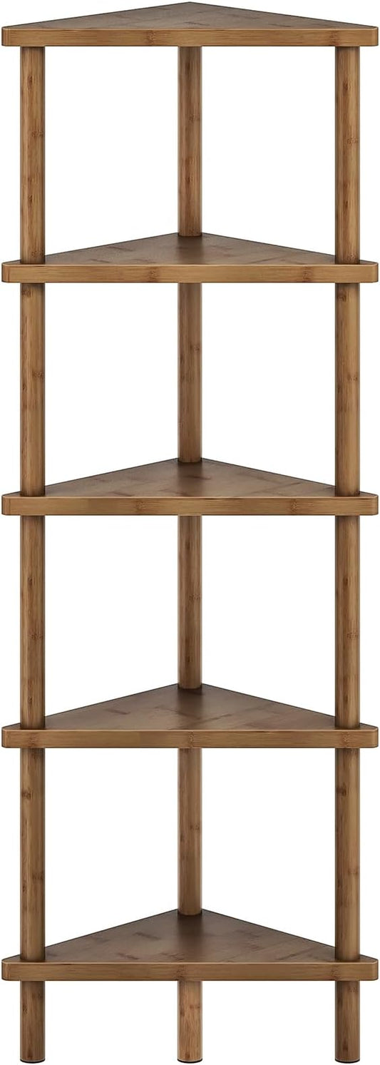 HOOBRO Corner Shelf Stand, 5-Tier Bamboo Corner Bookshelf, Plant Display Shelf, Corner Bookcase, Multipurpose Shelving Unit for Small Space, Living Room, Easy Assembly, Mocha MA20CJ01