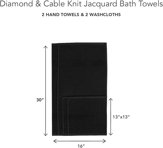 Texere 100% Organic Cotton Jacquard Towel Sets (Black (Diamond), 2 Hand & 2 Wash Towels)