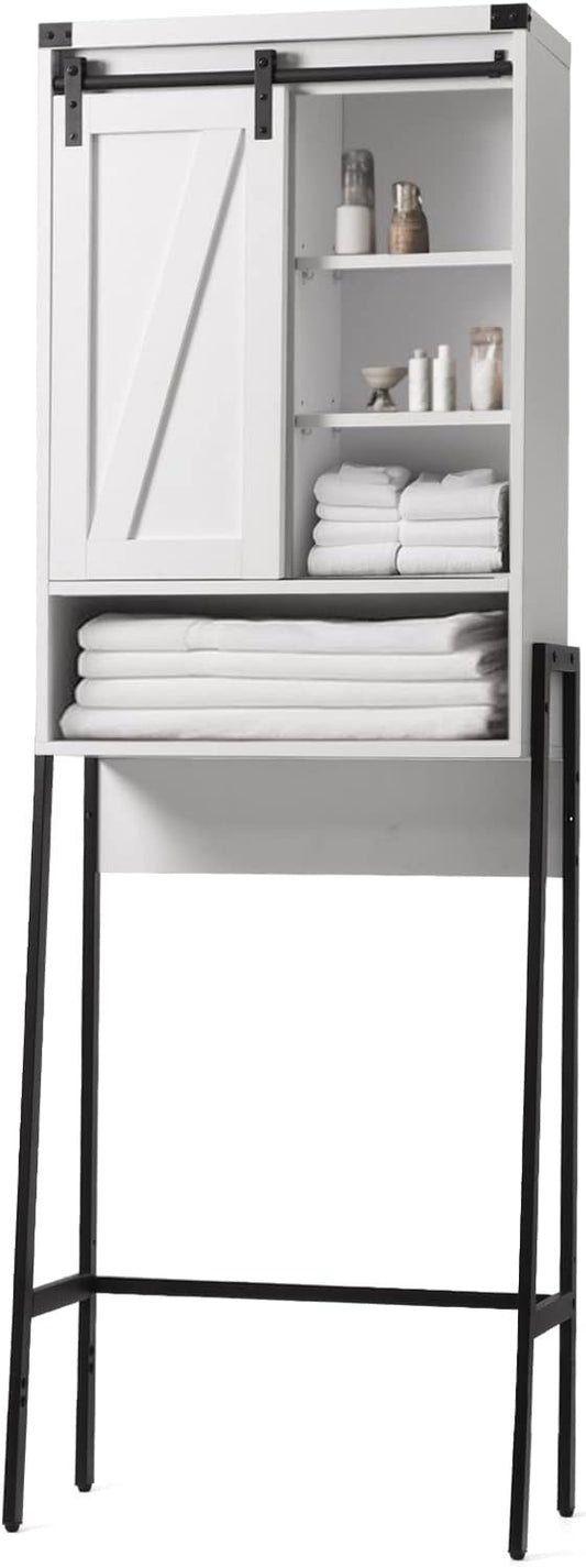 Over Toilet Storage Cabinet with Barn Door & Adjustable Shelves | 24 Inch Wide Bathroom Organizer, Space-Saving, Sturdy Wood, Anti-Tipping, Easy Assembly, for Restroom, Laundry, Small Spaces