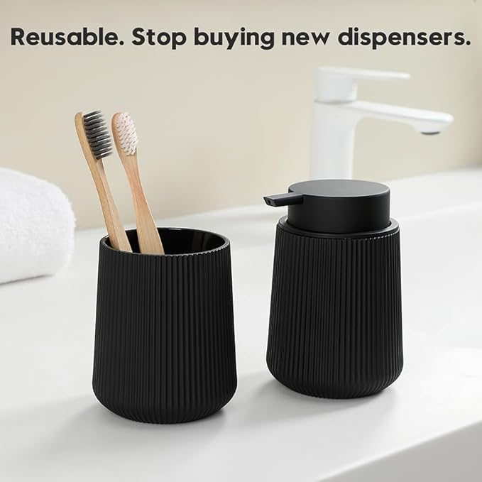 YAUKPH Striped Liquid Hand Soap Dispenser Black | with Leak-Proof Pump for Bathroom and Kitchen Countertop 11oz