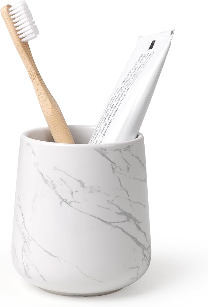 BosilunLife Bathroom Toothbrush Holder - Ceramic Toothbrush Cup Holder 13Oz Marble Toothbrush Holder for Bathroom Toothbrush and Toothpaste Holder for Bathroom Vanity Countertop, Ideal for Home, Hotel