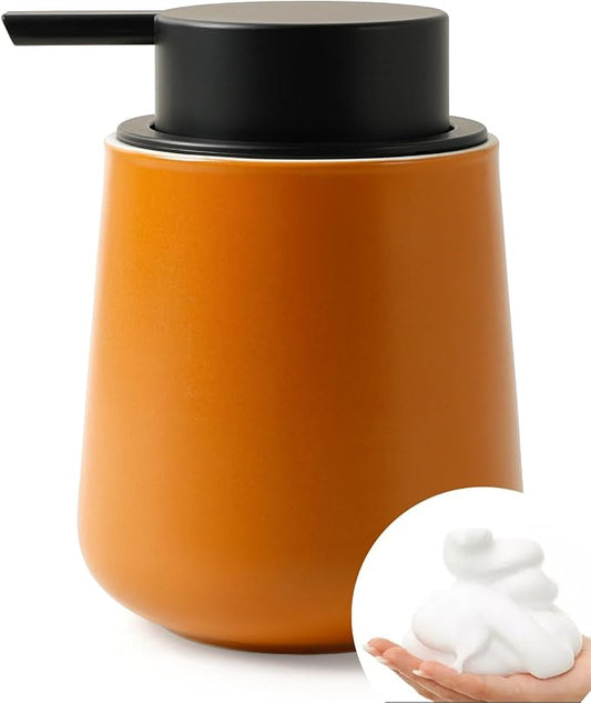 Bosilunlife 12Oz Ceramic Foam Soap Dispenser for Bathroom Kitchen Counter | Premium countertop foam pump creates delicate dense foam, stable desktop placement, Orange