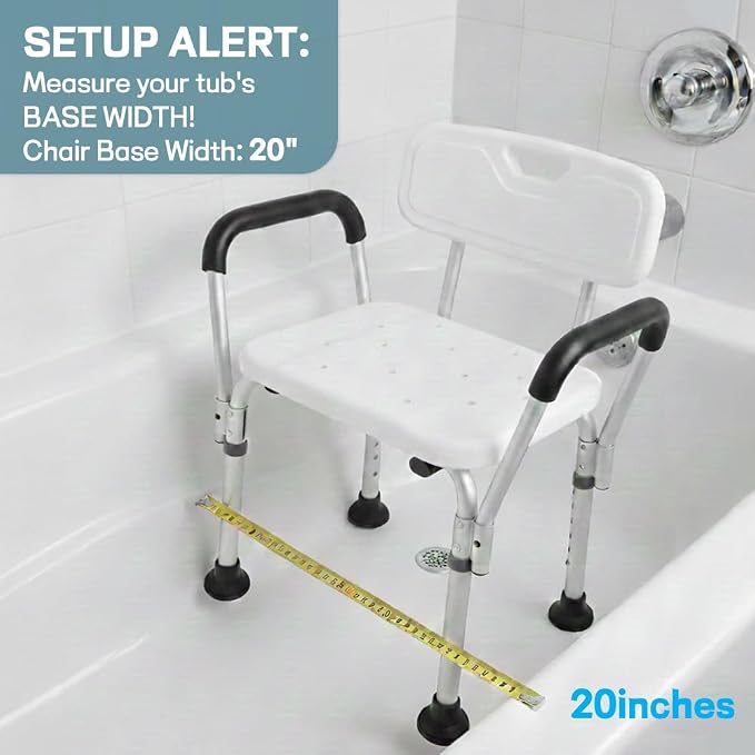 Heavy Duty Shower Chair for Elderly & Disabled with Padded Armrests & Back | Tool-free assembly adjustable height shower seat for inside shower. Provides secure, comfortable support for handicap adults