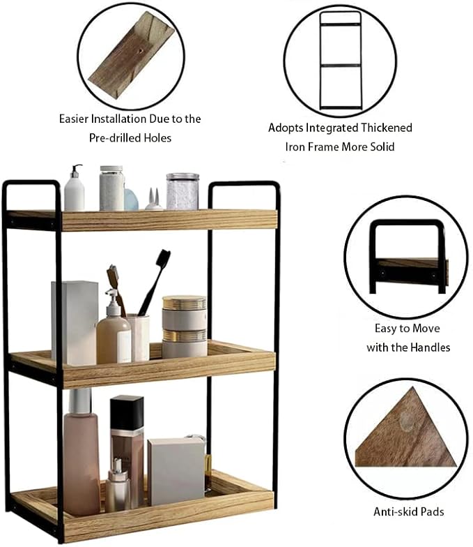 Dorhors Bathroom Counter Organizer,Countertop Tray Storage Shelf | 3 Tier Rustic Brown Wood Vanity Organizer for Skincare,Perfume,Makeup,Counter Tray for Bathroom,Kitche,Dresser