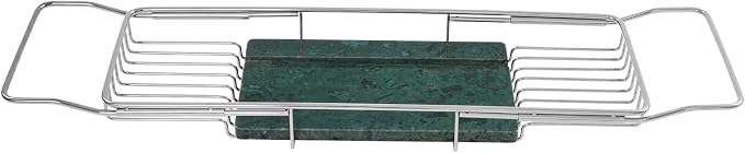 Stainless Steel Bathtub Caddy Tray, Expandable Bath Tub Tray with Natural Marble Tray, Adjustable Bath Tray for Bathroom, Spa 26.8~35.4inch (Silver+Green)
