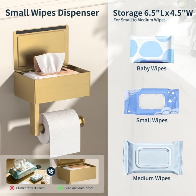 FORIOUS Toilet Paper Holder with Shelf, Wall-Mounted Modern Wipes Dispenser | Brushed Gold | Toilet Paper Holder with Storage | Baby Wipes Dispenser for Bathroom | 6.5"x4.5" Lighter Shelf