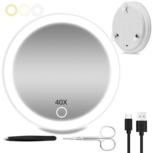 40X Magnifying Mirror with Light, 3 Suction Cups, 6inch Compact Travel Size | Rechargeable 40X High Magnification Makeup Mirror with 3 Color Light Adjustable Brightness - Includes Tweezers & Scissors Set