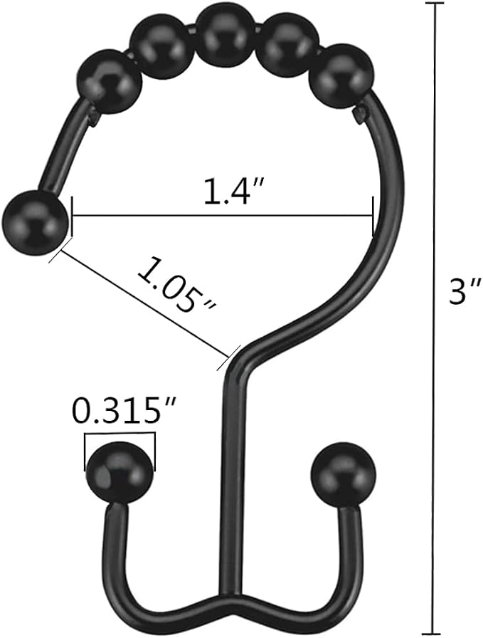DAWNER Shower Curtain Hooks Rings, Rust Proof Hooks, Metal Easy Glide Double Shower Rings Hooks, Stainless Steel Shower Curtain Hangers for Bathroom Shower Curtains, Set of 12 Hooks, Matte Black