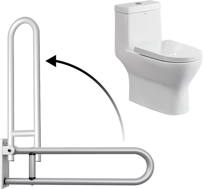 24 Inch Toilet Grab Bar Flip Up Aluminum Alloy Handicap Rails Grab Bars Toilet Rail Bathroom U Shaped and Wall Mount Safety for Seniors Elderly Disabled Pregnant Injured Patients-Metallic