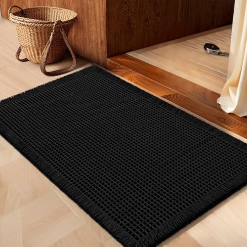 Waffle Bath Mat Black 32"x20", Boho Woven Modern Bath Mat Rugs, Absorbent Non Slip Bathroom Rugs, Soft Washable Bath Rugs with Tassels for Bathroom, Bedroom, Kitchen, Shower, Tub