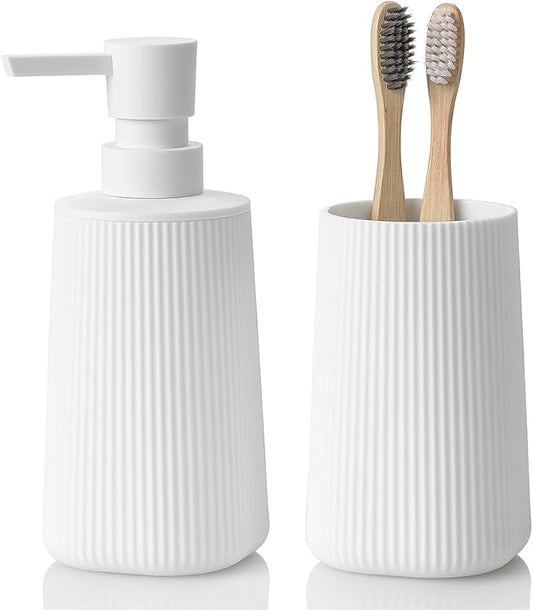 YAUKPH Bathroom Soap Dispenser and Toothbrush Holder Striped White | Bathroom Accessories Set 2 Piece for Bathroom Countertop Storage and Decor