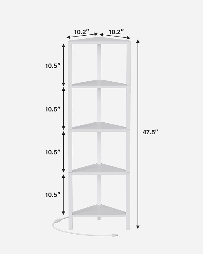 TUTOTAK Corner Shelf with LED Light, 5-Tier Corner Bookshelf | for Small Space, Narrow Display Corner Shelf Stand with Storage Rack, for Living Room, Bedroom, White BS05BW005L